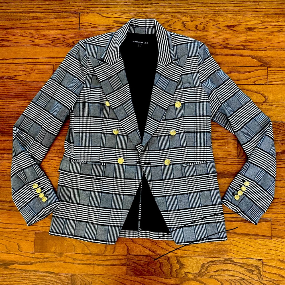 Generation Love Black White Plaid Gold Button Blazer Jacket Women’s Size Small